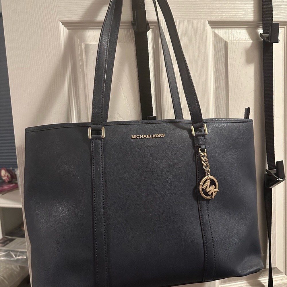 Michael Michael Kors Blue Structured Tote Bag with Gold Charm